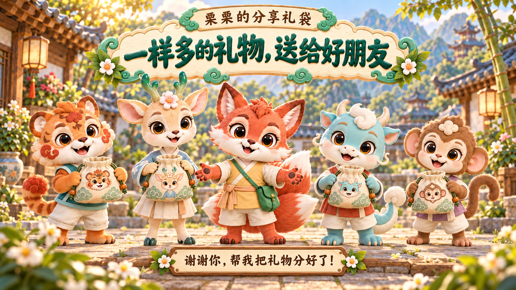 栗栗送出四袋礼物，四位好朋友各收到一袋